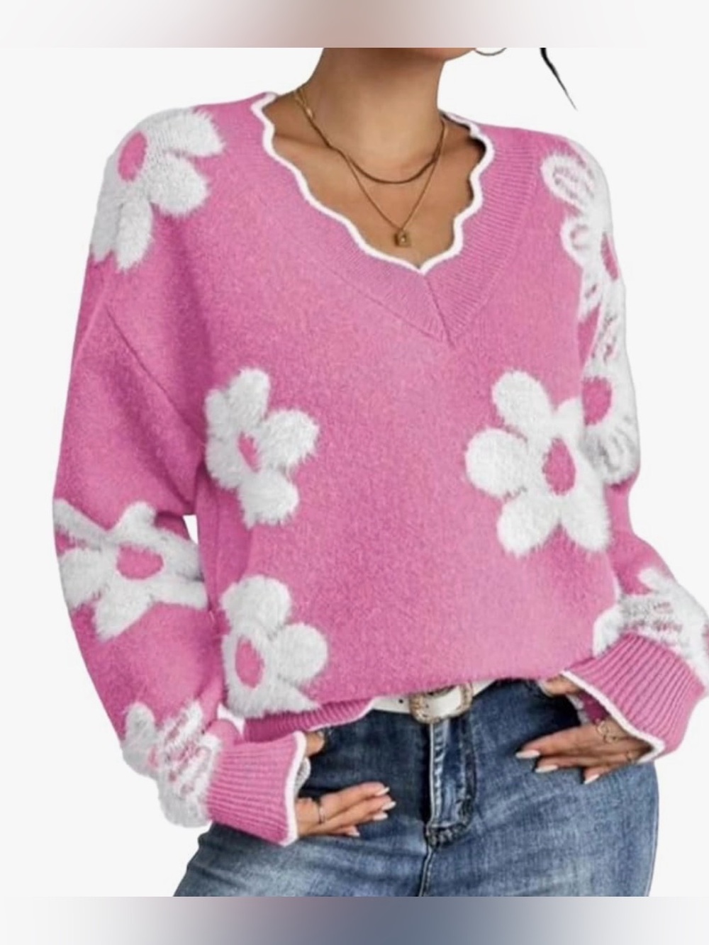 Pink Floral V-Neck Women's Sweater